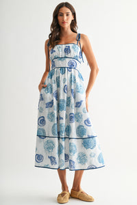 Blue Seashell Print Midi Dress