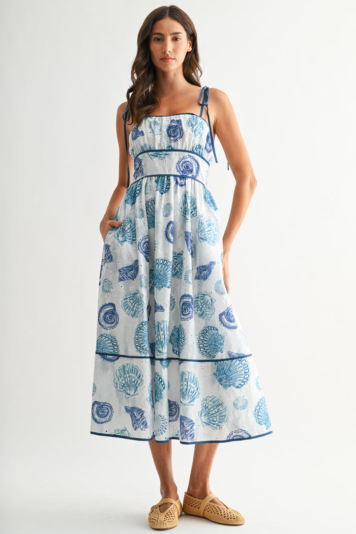 Blue Seashell Print Midi Dress