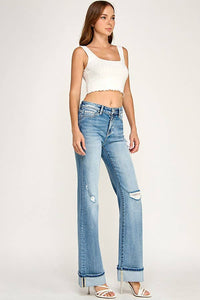 Mid Rise Vintage Flare Jeans with Cuffed Hem — Light Wash