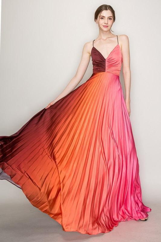 Ombre satin pleated back cut out maxi dress Small