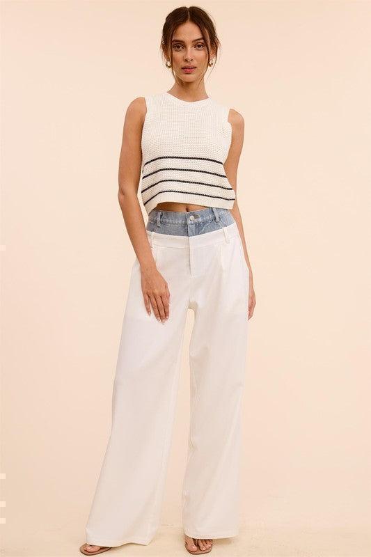 DENIM WAISTBAND SOLID WIDE LEG TROUSER PANT PRIVILEGE