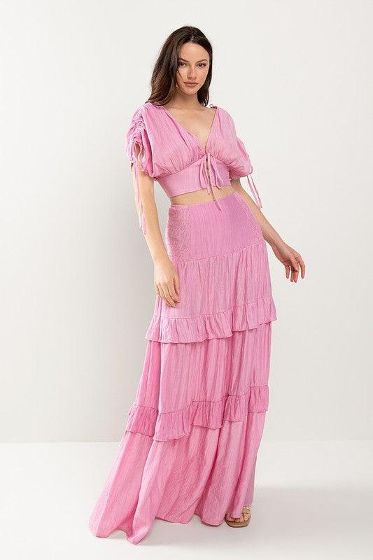 CROPTIO WITH DRAWSTING DETAIL AND MAXI SKIRT SET - PRIVILEGE 
