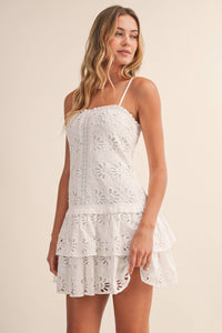 FLORAL EYELET DROPWAIST TIERED MINI DRESS