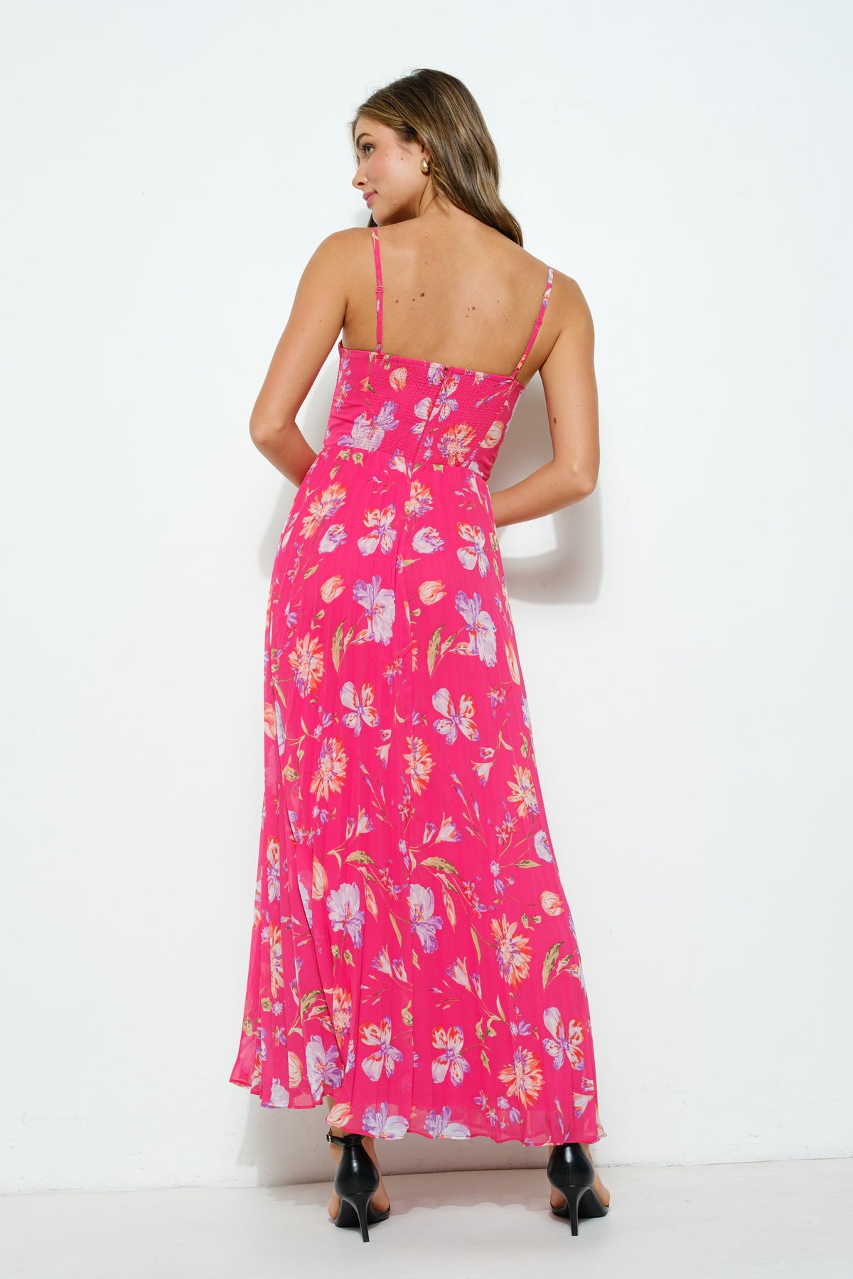 BELLA FLORAL RUCHED BUSTIER PLEATED MAXI DRESS