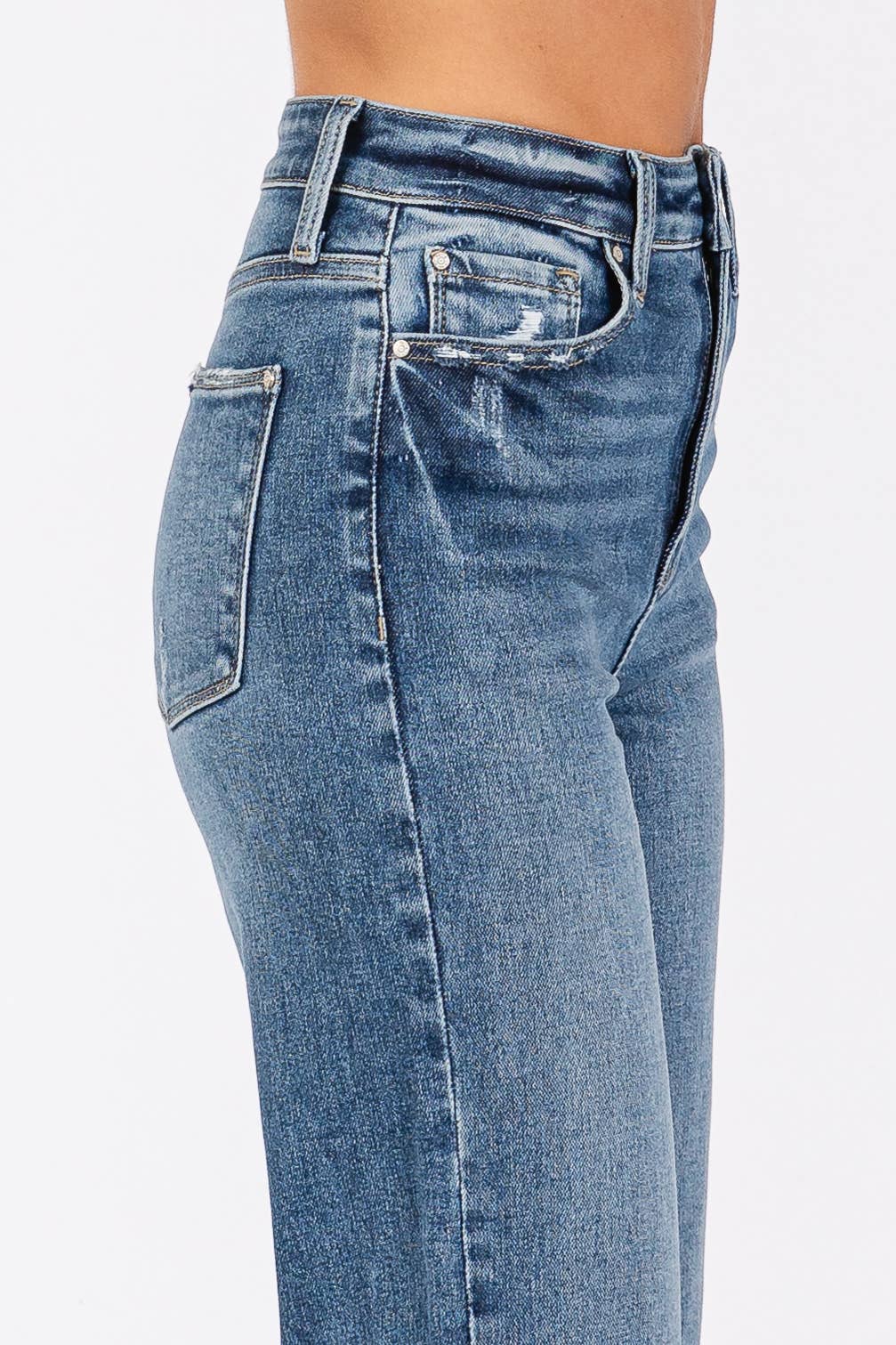 High Rise Stretch Relaxed Straight Jeans with Cuffed Hem