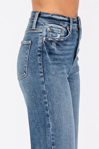 High Rise Stretch Relaxed Straight Jeans with Cuffed Hem
