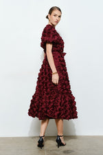 3D Flower Rosette Midi Dress with Bubble Sleeves