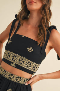 Boho Embroidered Crop Top & Tiered Midi Skirt Set