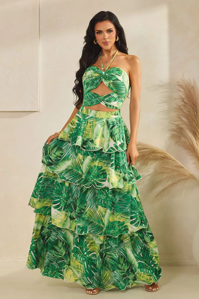 Tropical Ruffle Halter Neck Maxi Dress