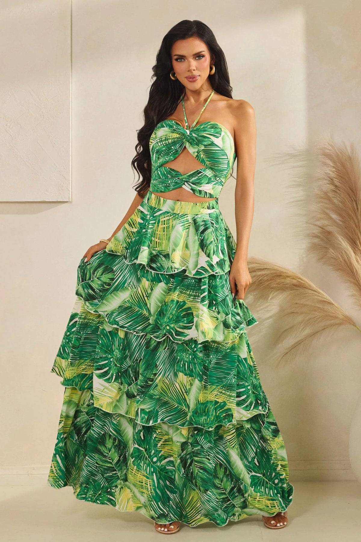 Tropical Ruffle Halter Neck Maxi Dress