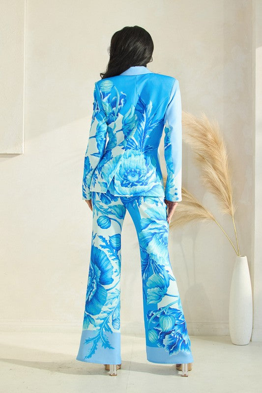 BIG FLOWER PRINT BLAZER FLARE PANT SET