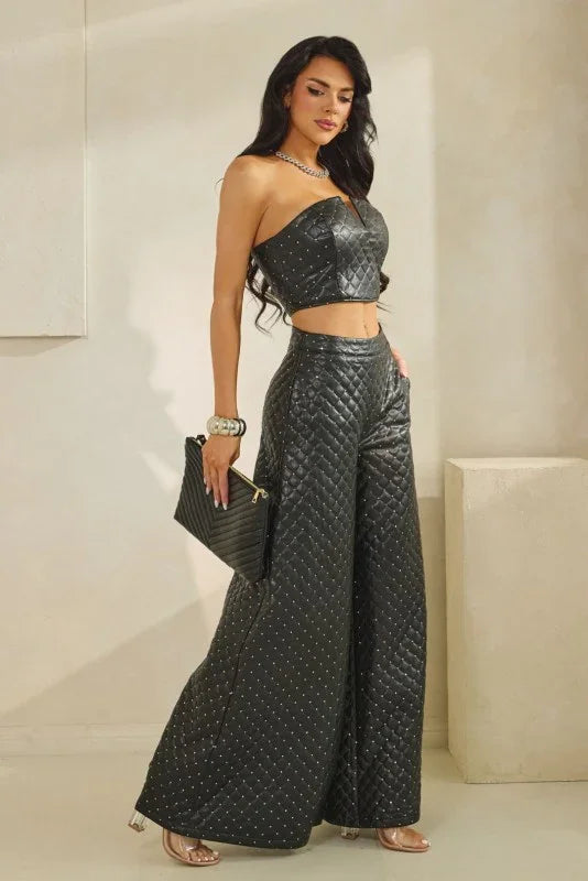 Quilted Palazzo Pants Set - Faux Leather 2 Piece PRIVILEGE