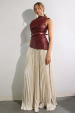 Leather Pleats Contrast Skirt Set