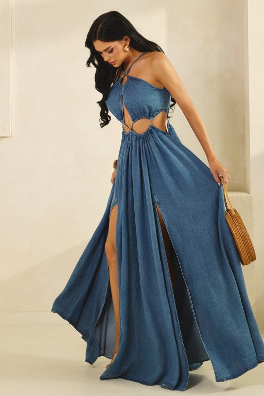 Washed Denim Twist Front Tied Dress