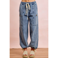 Washed Denim Drawstring Detail Pants