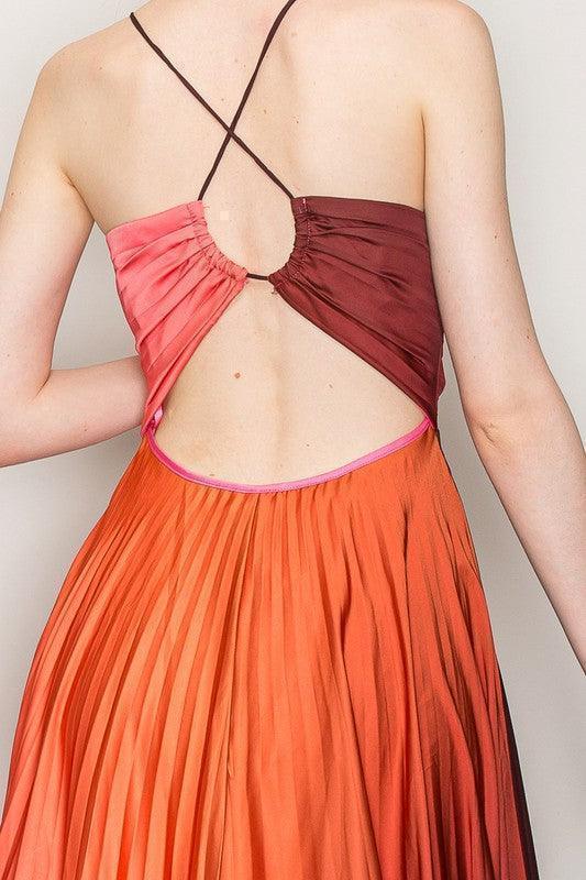Ombre satin pleated back cut out maxi dress PRIVILEGE