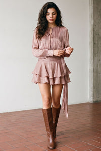Crinkled Satin Tie-Neck Long-Sleeve Ruffle Mini Dress