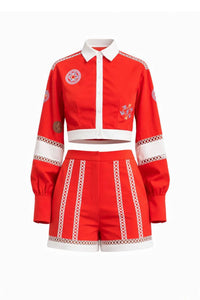 Woven Crop Shirt And Shorts Set With Embroidery