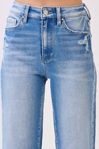 High Rise Stretch Wide Leg Jeans with Destroyed Hem