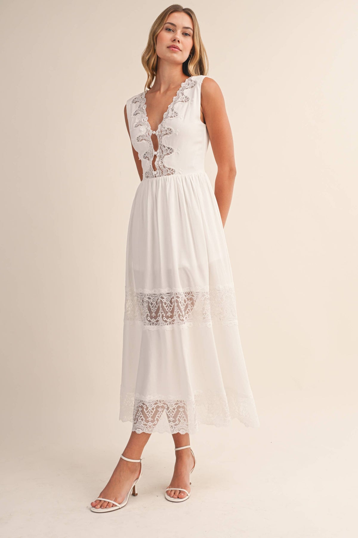 LACE PANEL DETAILED SLEEVELESS V NECK MIDI DRESS