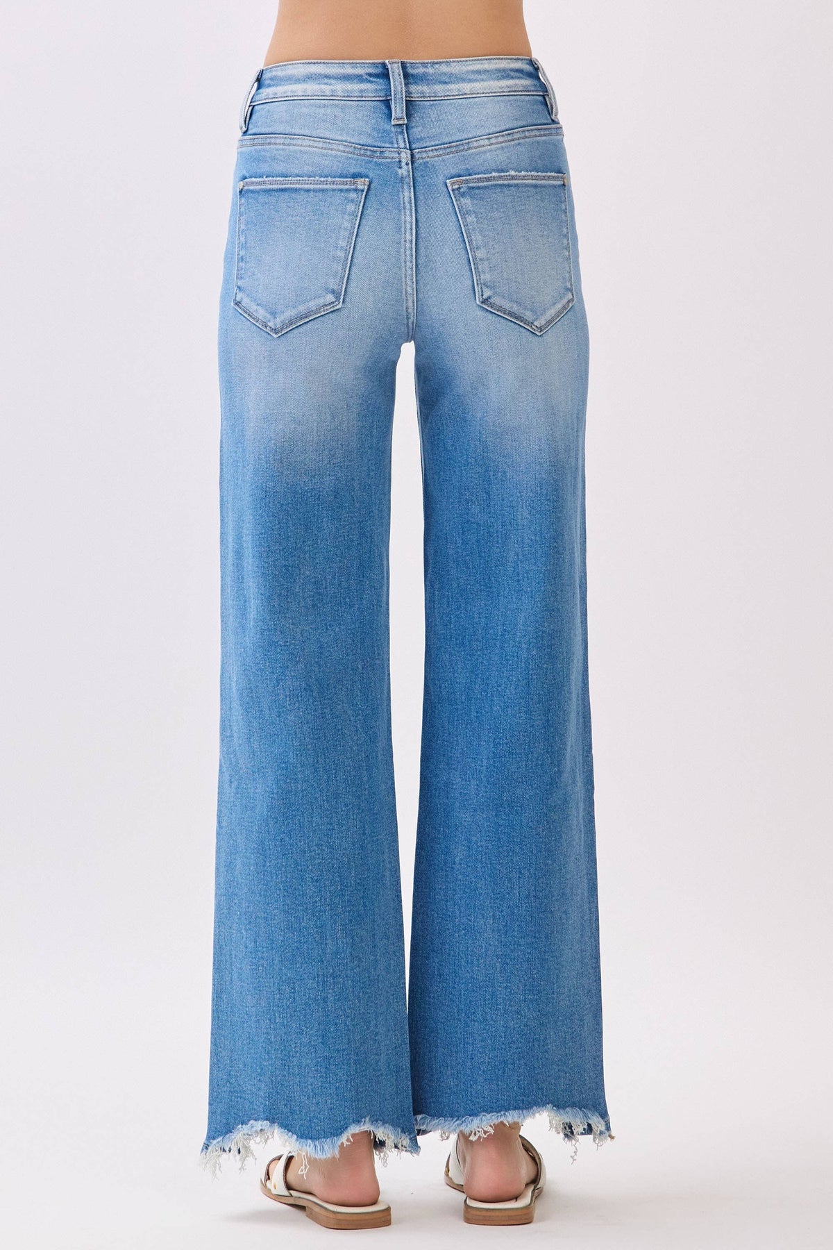 High Rise Stretch Wide Leg Jeans with Destroyed Hem