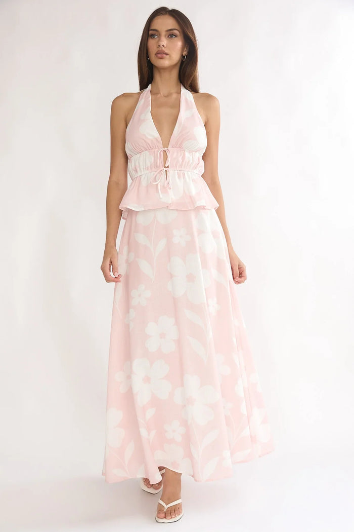 Halter Floral Top And Maxi Skirt Set