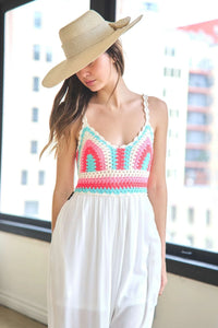 Crochet Bodice Open Tie Back Wide Leg Jumpsuit