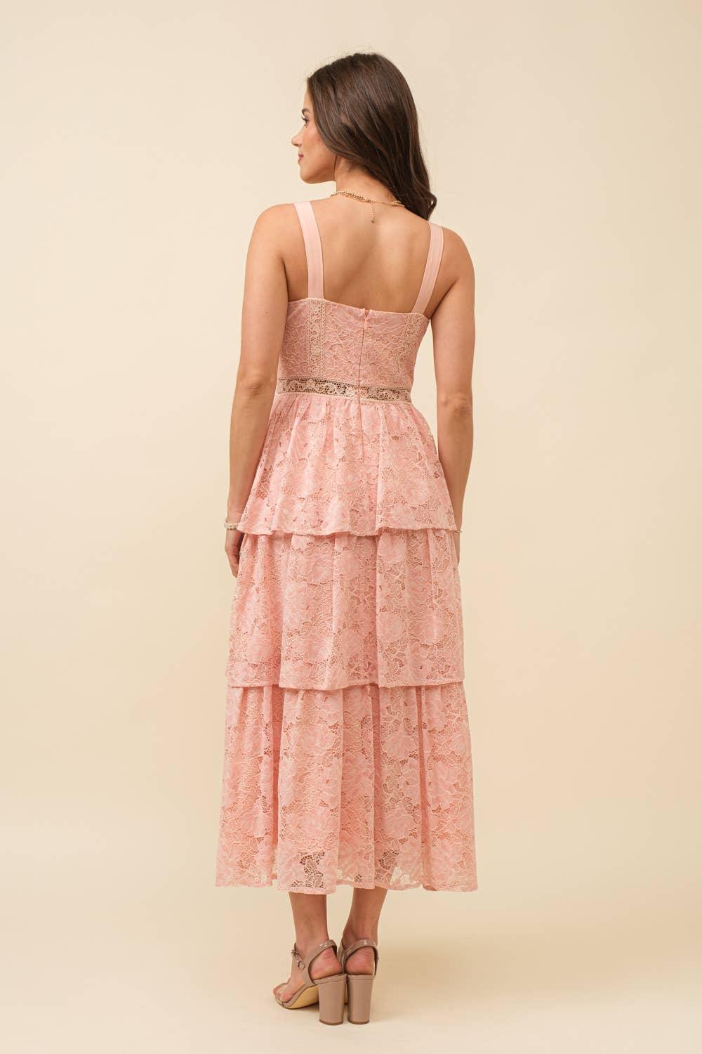 Blush Pink Lace Tiered Midi Dress