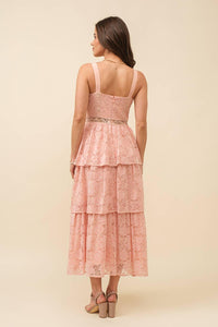 Blush Pink Lace Tiered Midi Dress