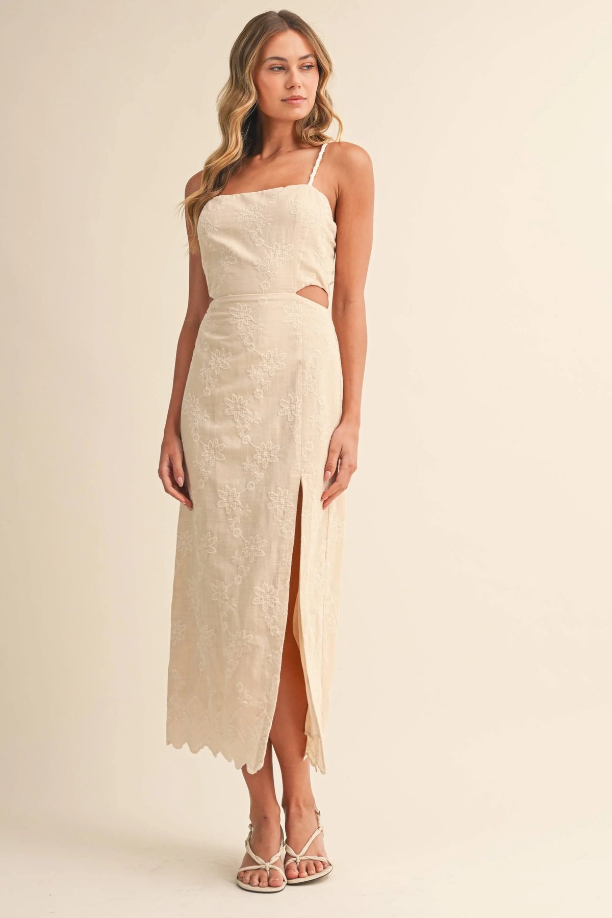 Strap Trim Midi Dress with Cut-Out Waist & Open Back