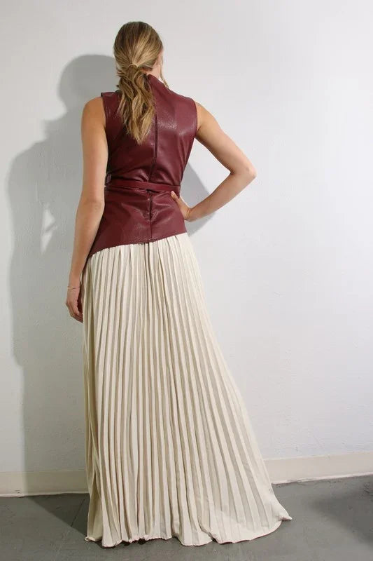Leather Pleats Contrast Skirt Set