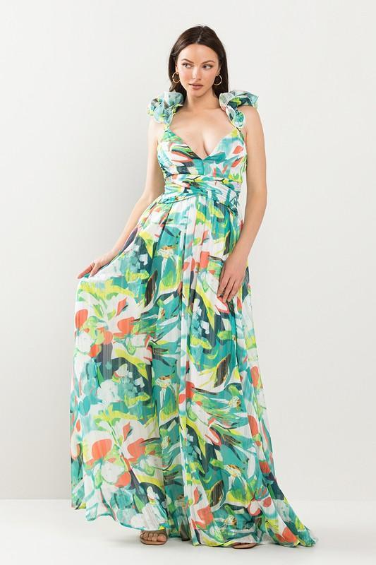 RUFFLED SHOULDER MAXI DRESS - PRIVILEGE 