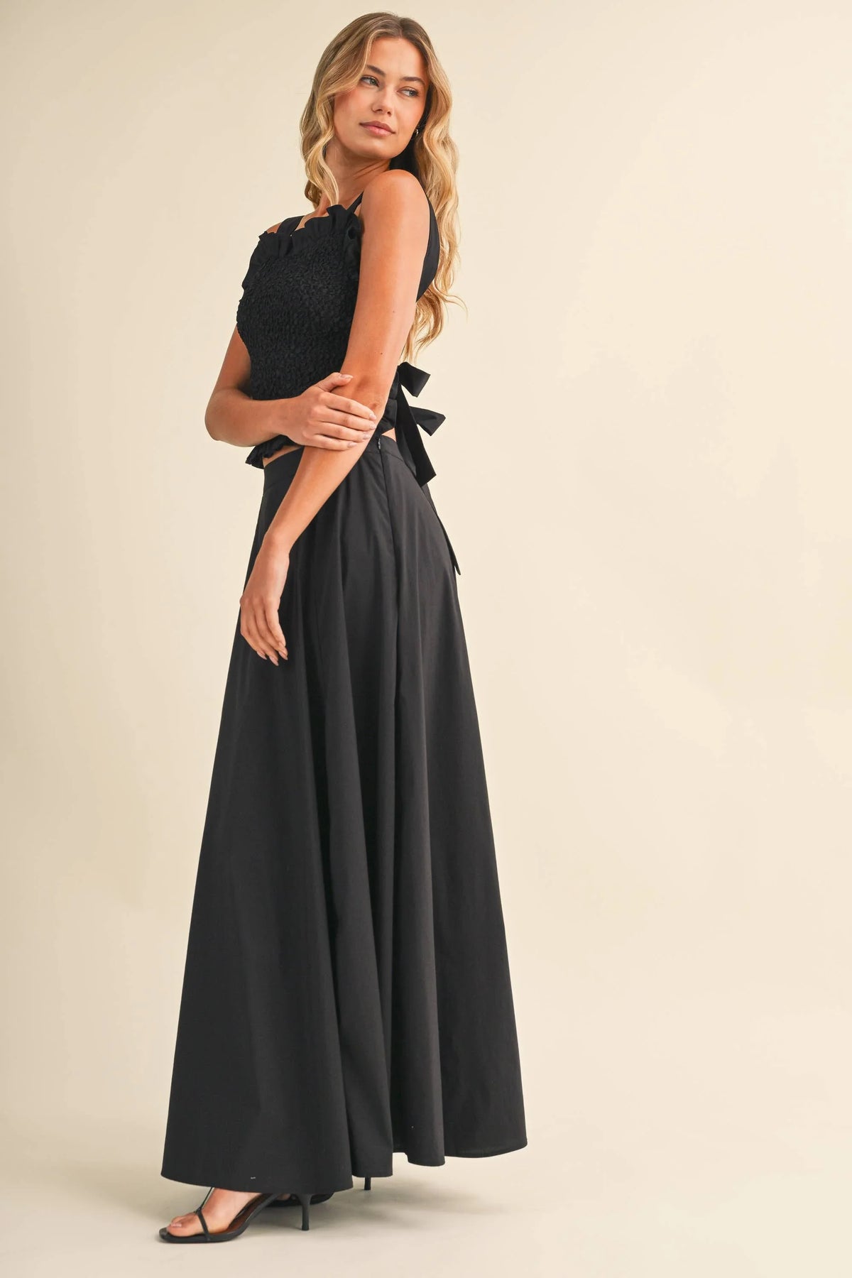 SMOCKING BACK TIED TOP AND A LINE MAXI SKIRT SET