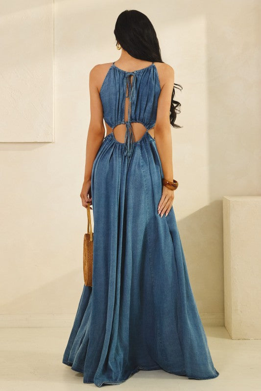 Washed Denim Twist Front Tied Dress