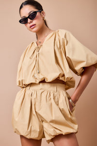 Boxy Puff Sleeve Bubble Hem Cropped Blouse Top and Short Set