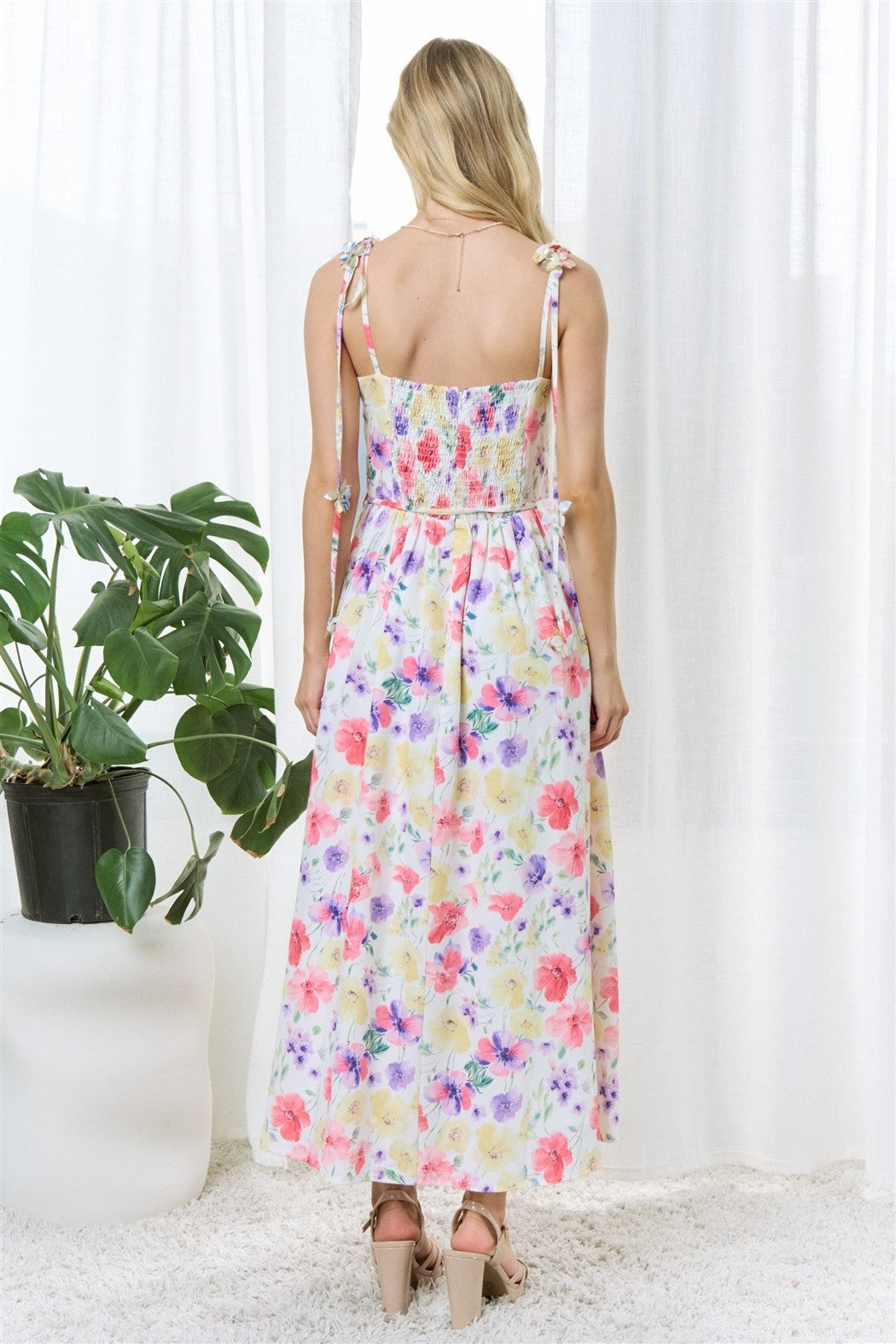 FLORAL PRINT CORSET MIDI DRESS WITH TIE STRAPS
