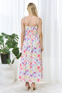 FLORAL PRINT CORSET MIDI DRESS WITH TIE STRAPS