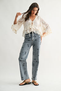 Boho Embroidered Sheer Blouse Flowy Bell Sleeves