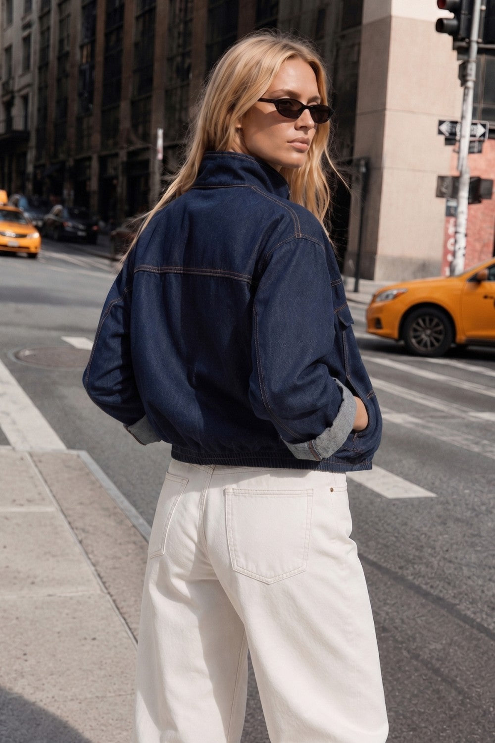 High-Collar Denim Bomber Jacket