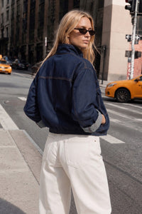 High-Collar Denim Bomber Jacket