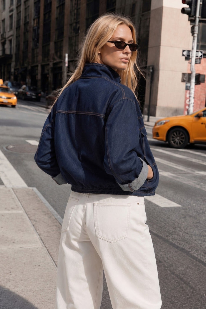 High-Collar Denim Bomber Jacket