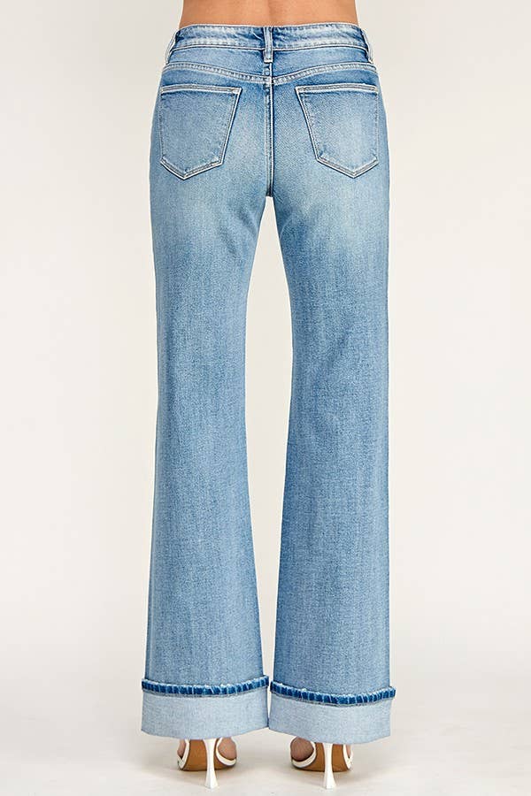 Mid Rise Vintage Flare Jeans with Cuffed Hem — Light Wash