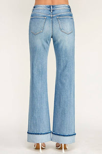 Mid Rise Vintage Flare Jeans with Cuffed Hem — Light Wash