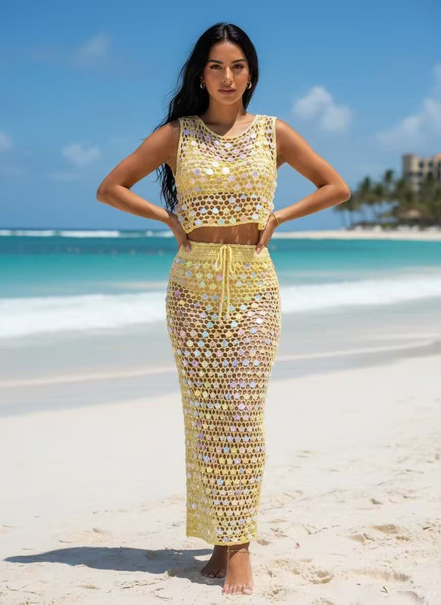 SEQUIN CROCHET CROP TOP MAXI SET