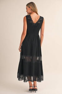 LACE PANEL DETAILED SLEEVELESS V NECK MIDI DRESS