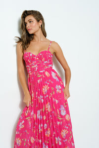 BELLA FLORAL RUCHED BUSTIER PLEATED MAXI DRESS