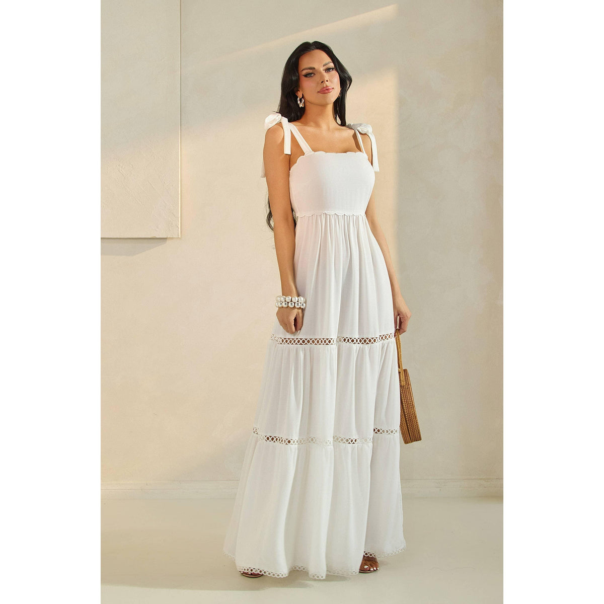 SHOULDER TIE SCALLOP MAXI DRESS