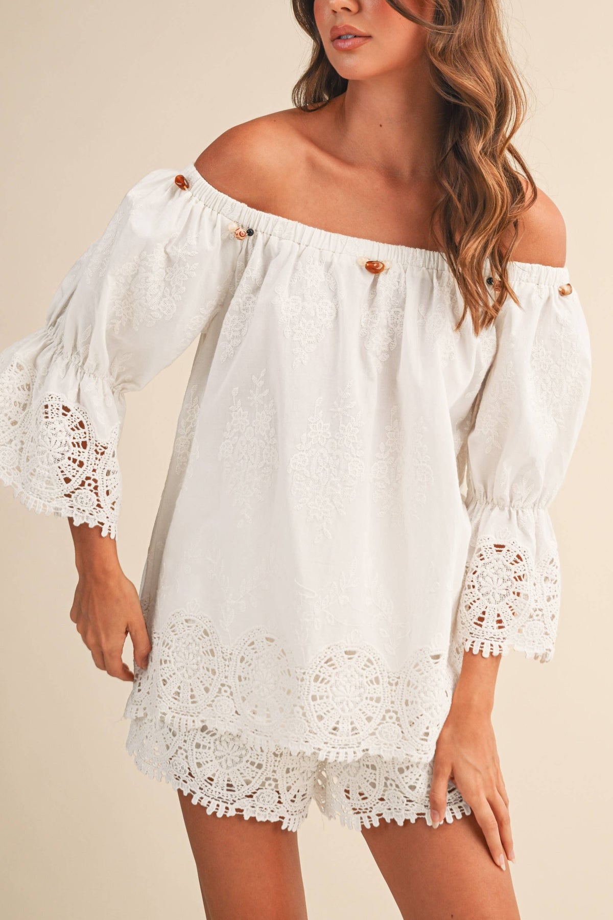 OFF SHOULDER EMBROIDERED LACE TOP AND SHORTS SET