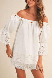 OFF SHOULDER EMBROIDERED LACE TOP AND SHORTS SET