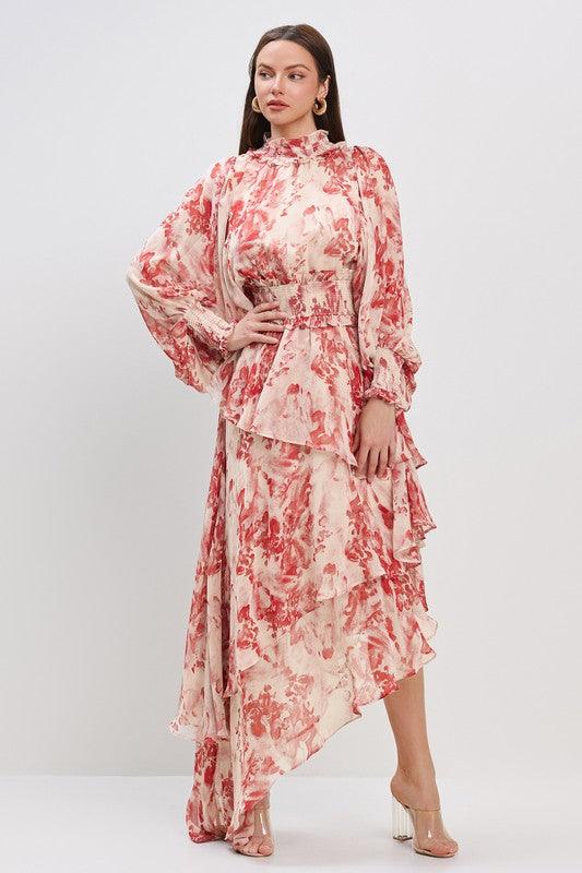 SMOCKING DETAIL ASMETRIC RUFFLE DRESS PRIVILEGE